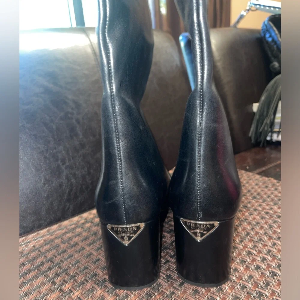 Prada Tronchetti Block Heel Knee High Leather Boots - Picture 7 of 9